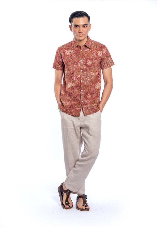 Gatik Short Sleeve Cotton Printed Shirt - Red