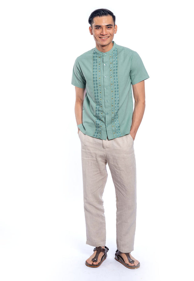 Girish Short Sleeve Embroidered Shirt - Green