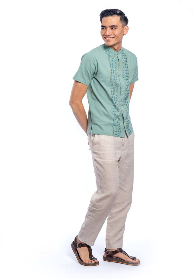 Girish Short Sleeve Embroidered Shirt - Green