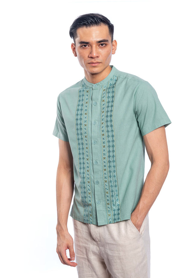 Girish Short Sleeve Embroidered Shirt - Green