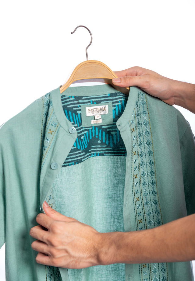 Girish Short Sleeve Embroidered Shirt - Green