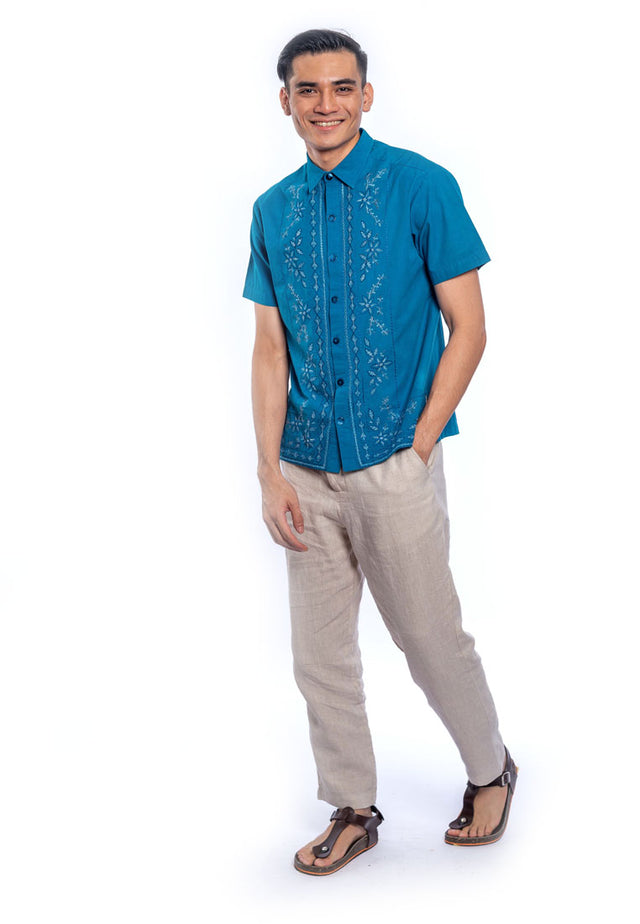 Darsh Short Sleeve Embroidered Shirt - Blue