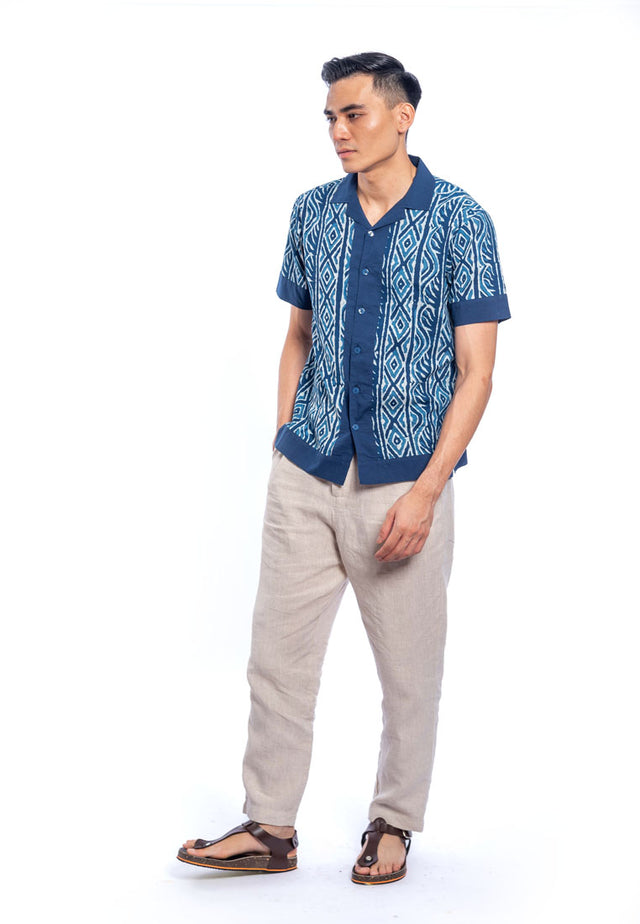 Avi Printed Cotton Open Collar Short Sleeve Shirt - Blue