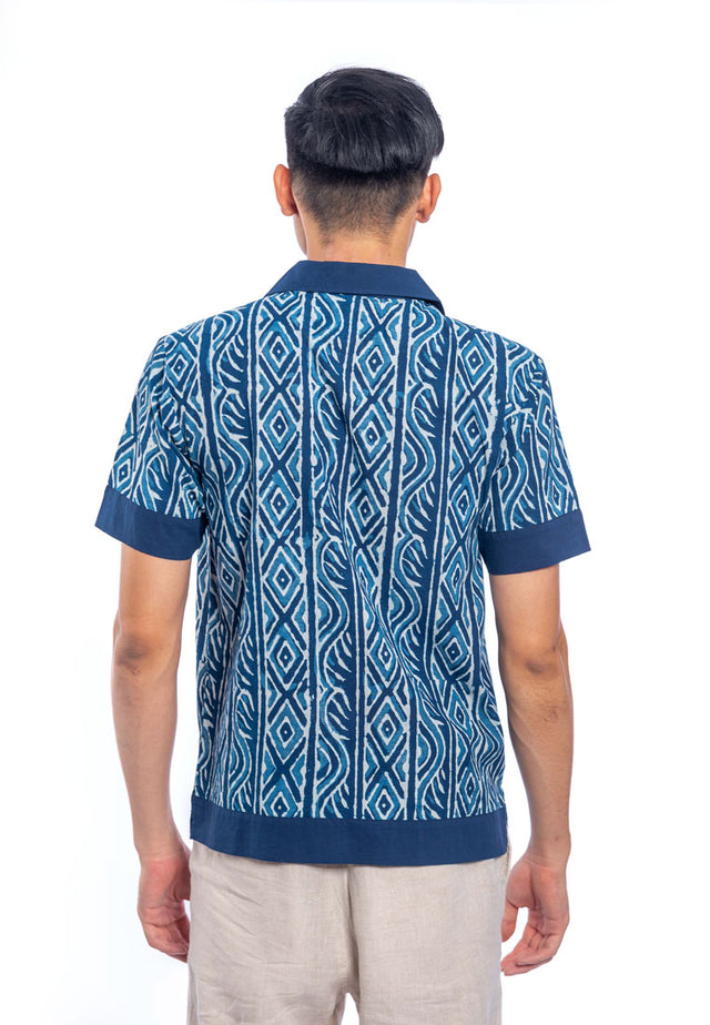 Avi Printed Cotton Open Collar Short Sleeve Shirt - Blue