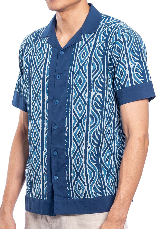 Avi Printed Cotton Open Collar Short Sleeve Shirt - Blue