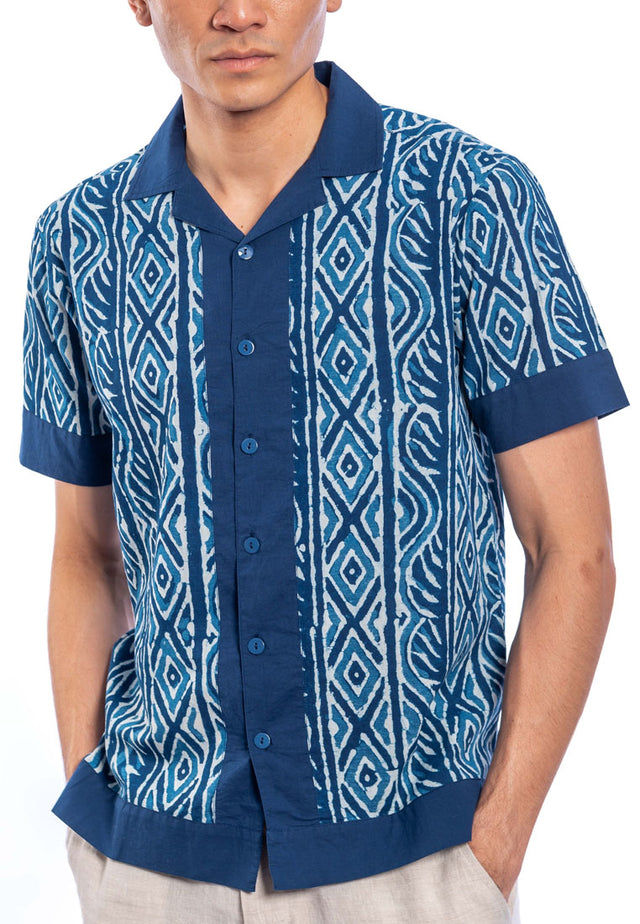 Avi Printed Cotton Open Collar Short Sleeve Shirt - Blue