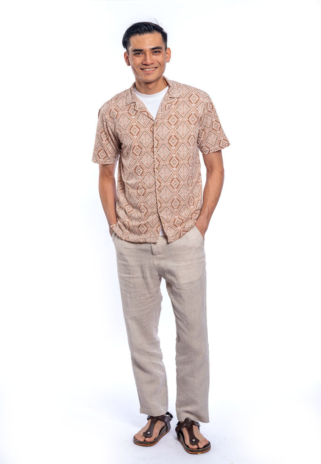 Faris Short Sleeve Cuban Collar Printed Shirt - Brown