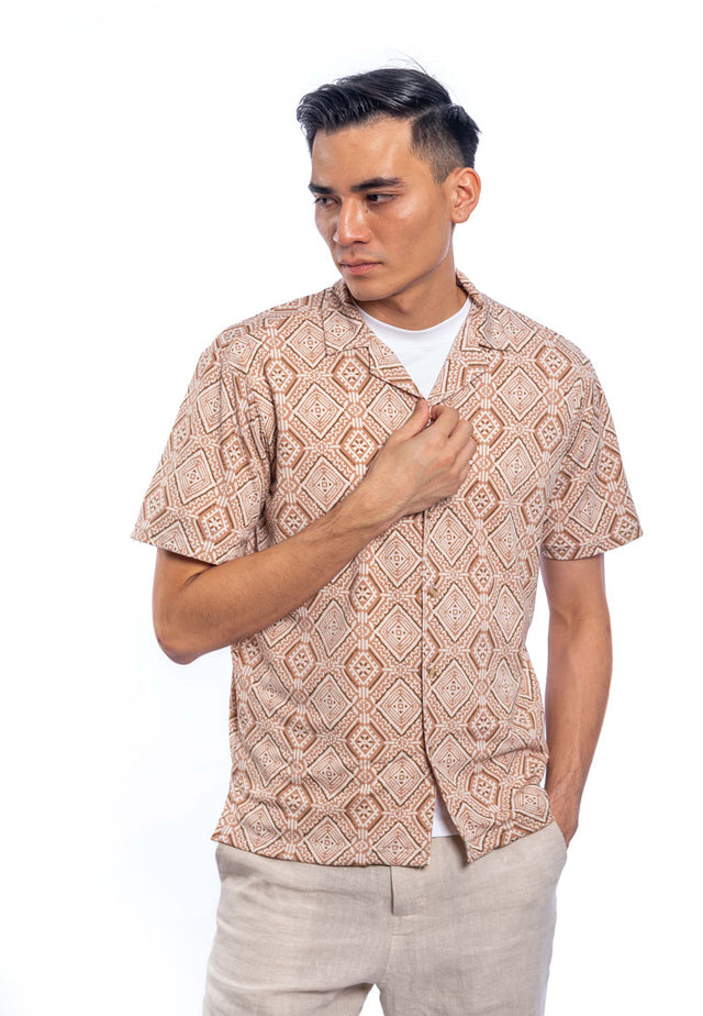 Faris Short Sleeve Cuban Collar Printed Shirt - Brown