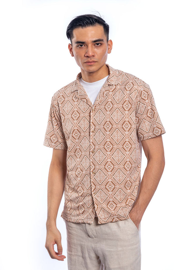 Faris Short Sleeve Cuban Collar Printed Shirt - Brown