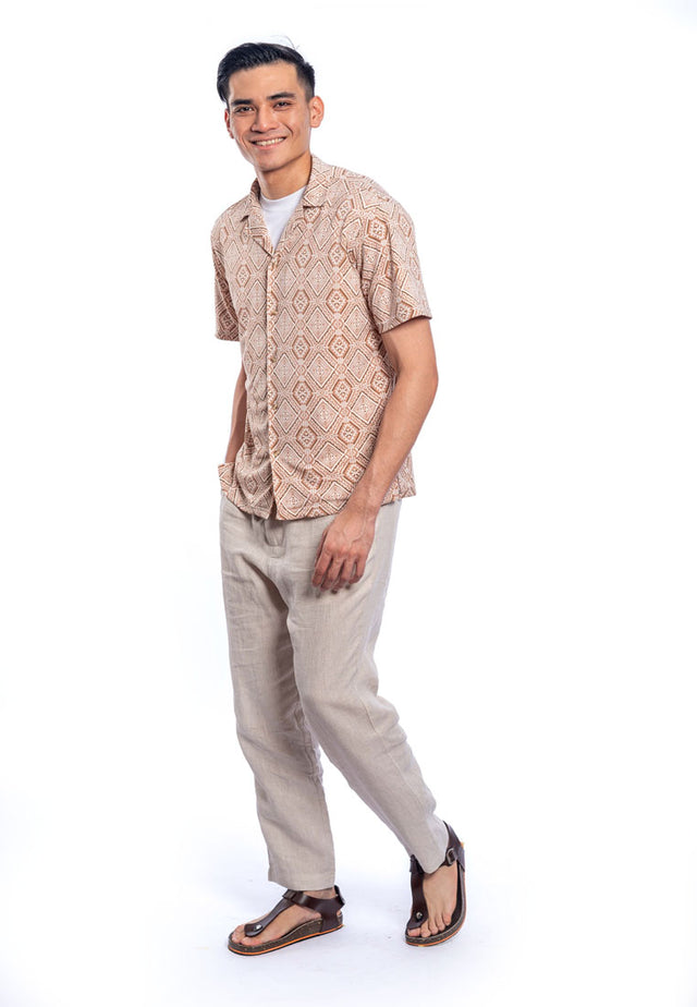 Faris Short Sleeve Cuban Collar Printed Shirt - Brown