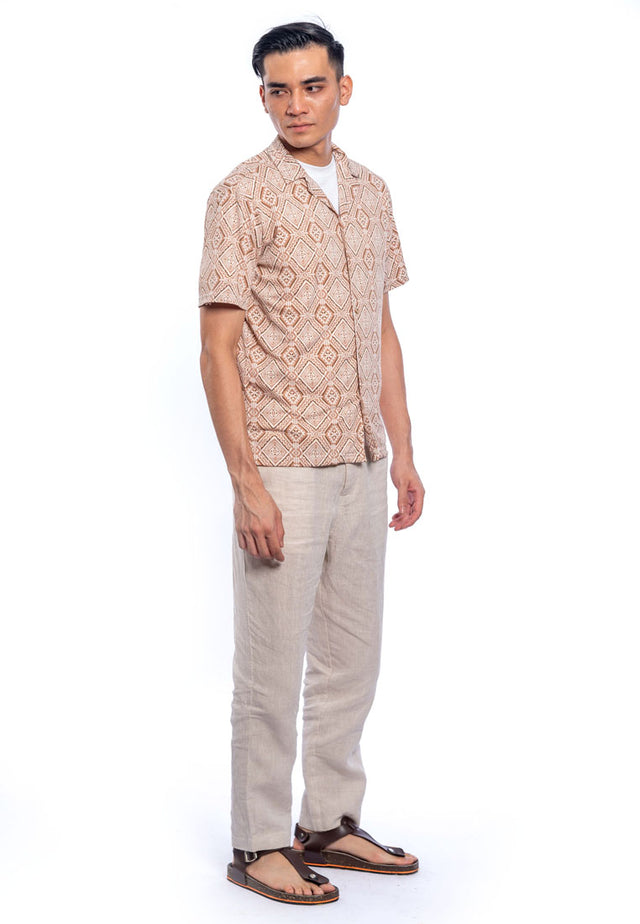 Faris Short Sleeve Cuban Collar Printed Shirt - Brown