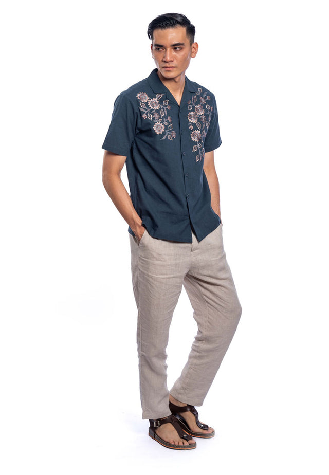 Eeshan Short Sleeve Embroidered Shirt - Dark Blue