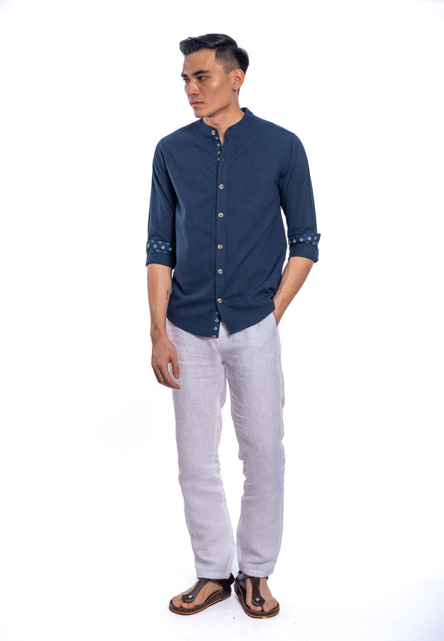 Charan Stand Collar Long Sleeve Shirt - Blue