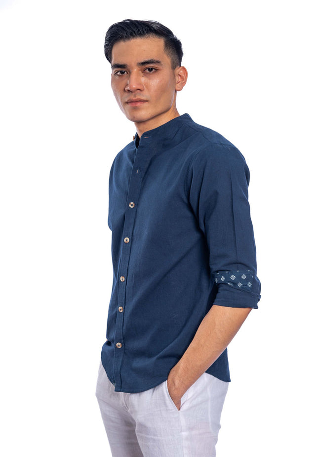 Charan Stand Collar Long Sleeve Shirt - Blue