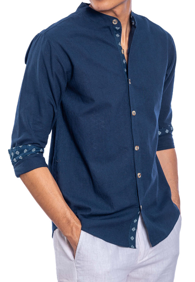 Charan Stand Collar Long Sleeve Shirt - Blue