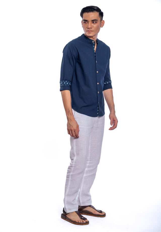 Charan Stand Collar Long Sleeve Shirt - Blue