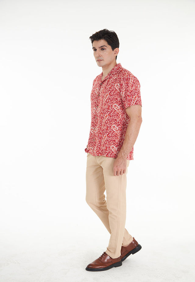 Abram Short Sleeve Printed Viscose Open Collar Shirt - Red