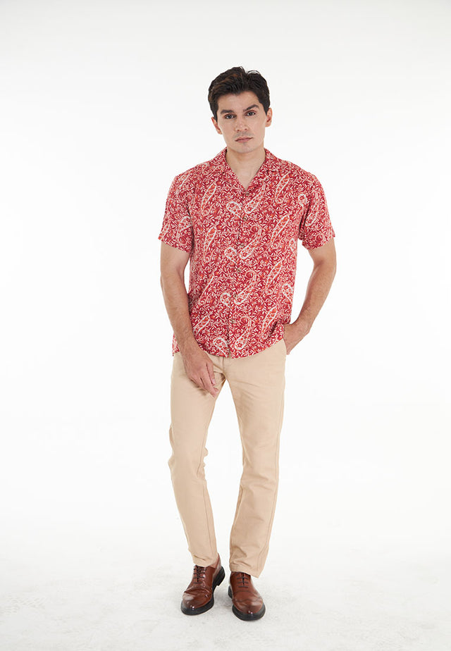 Abram Short Sleeve Printed Viscose Open Collar Shirt - Red