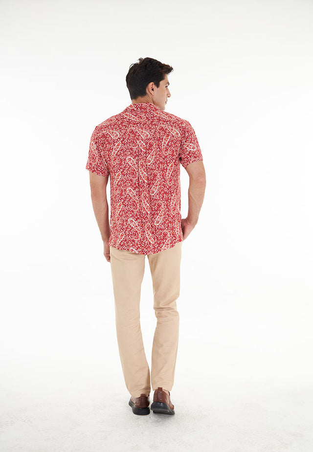 Abram Short Sleeve Printed Viscose Open Collar Shirt - Red