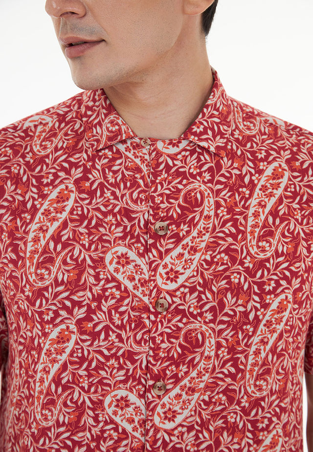 Abram Short Sleeve Printed Viscose Open Collar Shirt - Red