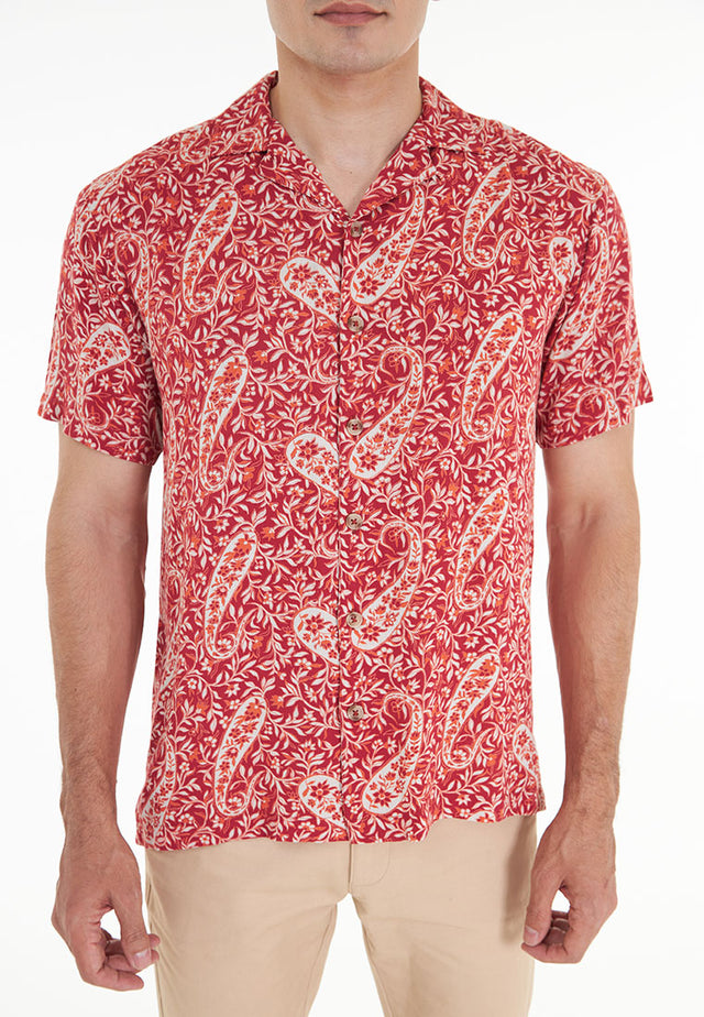 Abram Short Sleeve Printed Viscose Open Collar Shirt - Red