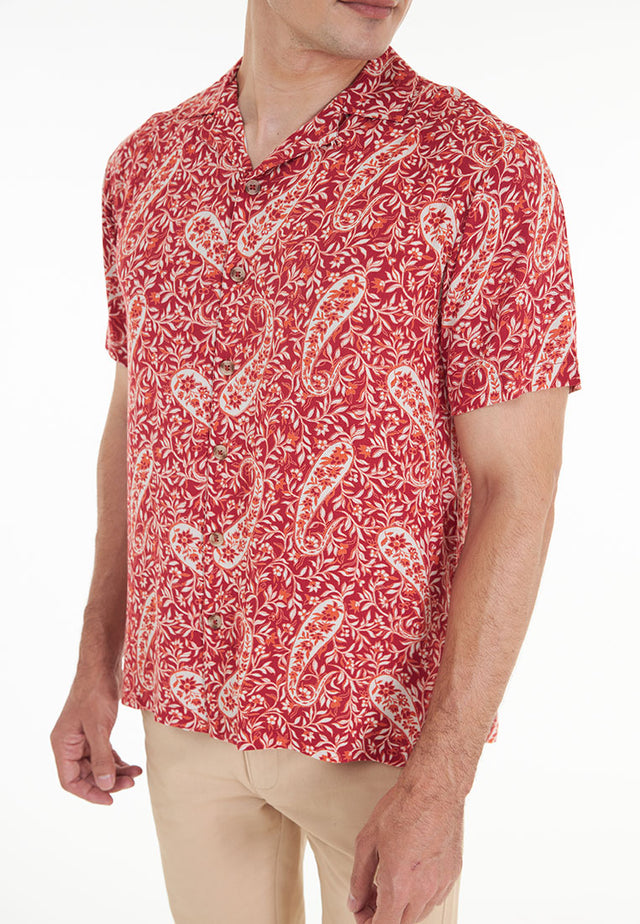 Abram Short Sleeve Printed Viscose Open Collar Shirt - Red