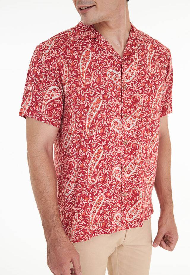 Abram Short Sleeve Printed Viscose Open Collar Shirt - Red