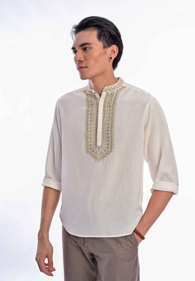 Indie Batik - Sai Men Regular Fit Long Sleeve Embroidered Shirt White