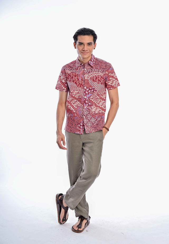 Indie Batik - Iqbal Men Slim Fit Short Sleeve Printed Shirt Orange