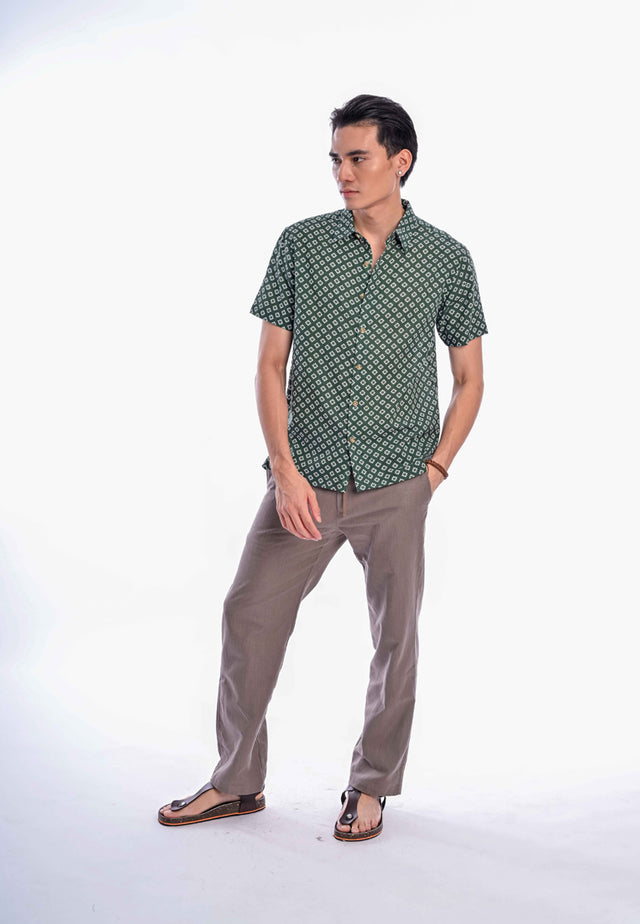 Indie Batik - Elham Men Regular Fit Short Sleeve Printed Shirt Green