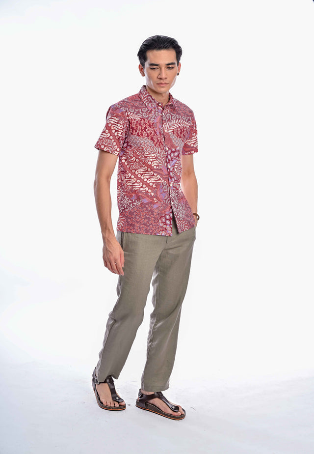 Indie Batik - Iqbal Men Slim Fit Short Sleeve Printed Shirt Orange