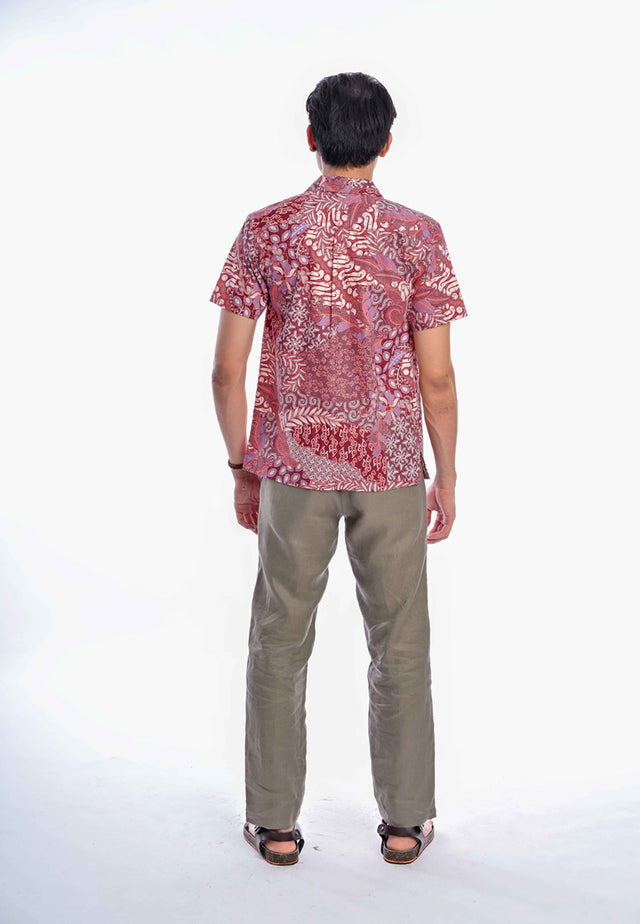 Indie Batik - Iqbal Men Slim Fit Short Sleeve Printed Shirt Orange