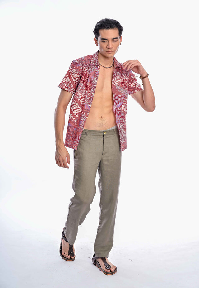 Indie Batik - Iqbal Men Slim Fit Short Sleeve Printed Shirt Orange