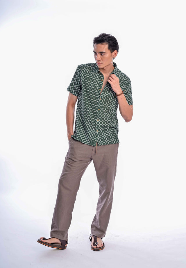 Indie Batik - Elham Men Regular Fit Short Sleeve Printed Shirt Green