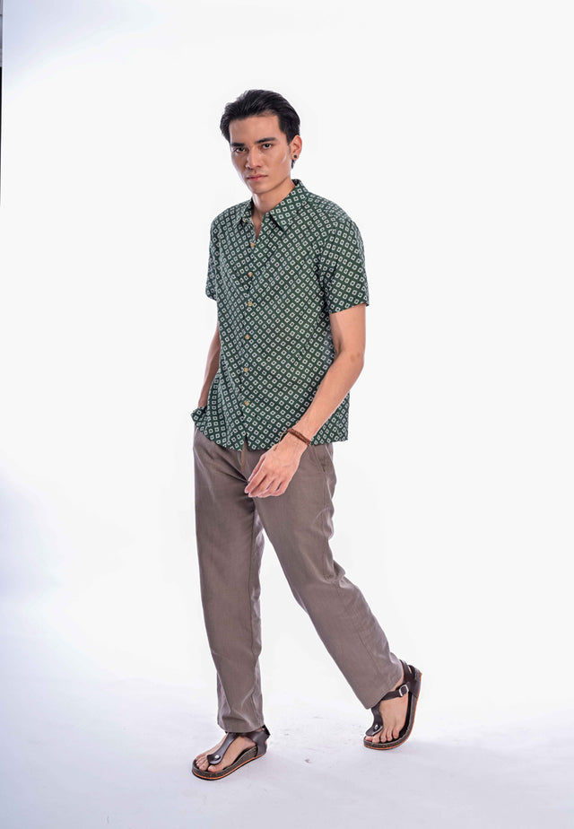 Indie Batik - Elham Men Regular Fit Short Sleeve Printed Shirt Green