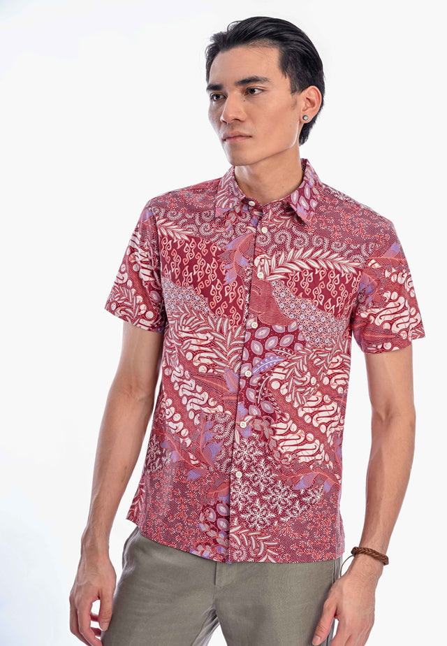 Indie Batik - Iqbal Men Slim Fit Short Sleeve Printed Shirt Orange