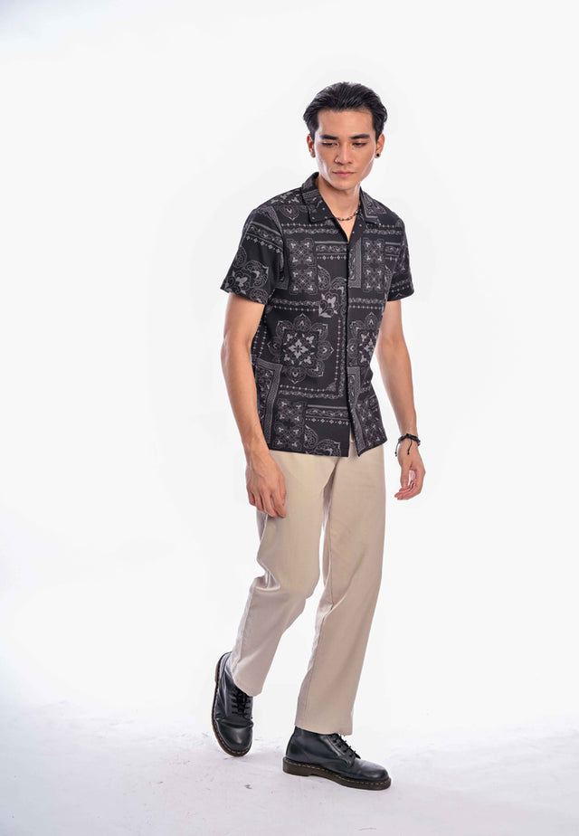 Indie Batik - Ikram Men Slim Fit Short Sleeve Uban Collar Shirt Black