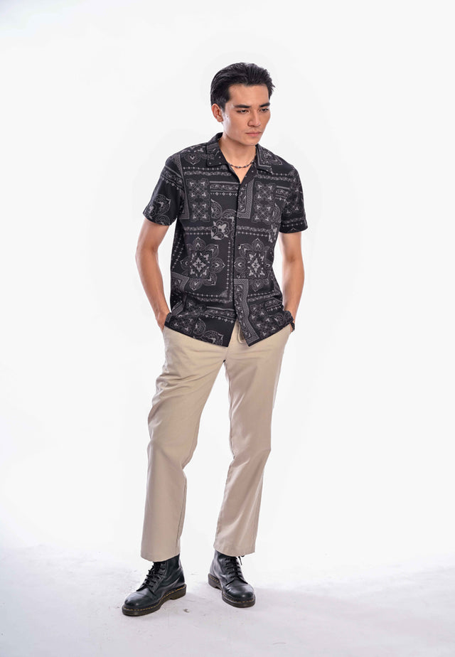 Indie Batik - Ikram Men Slim Fit Short Sleeve Uban Collar Shirt Black