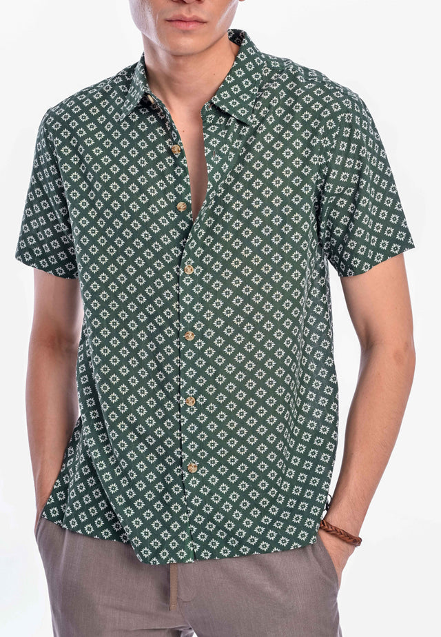 Indie Batik - Elham Men Regular Fit Short Sleeve Printed Shirt Green